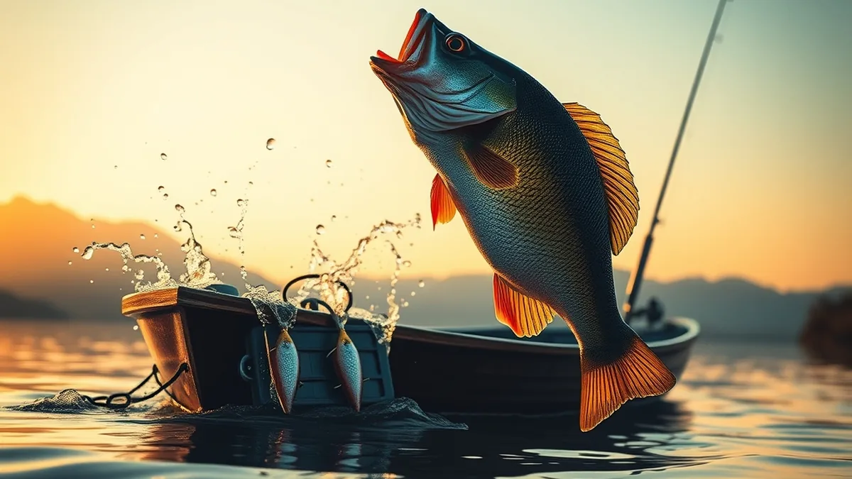 Bass leaping beside a fishing boat on a lake for Big Bass Bonanza