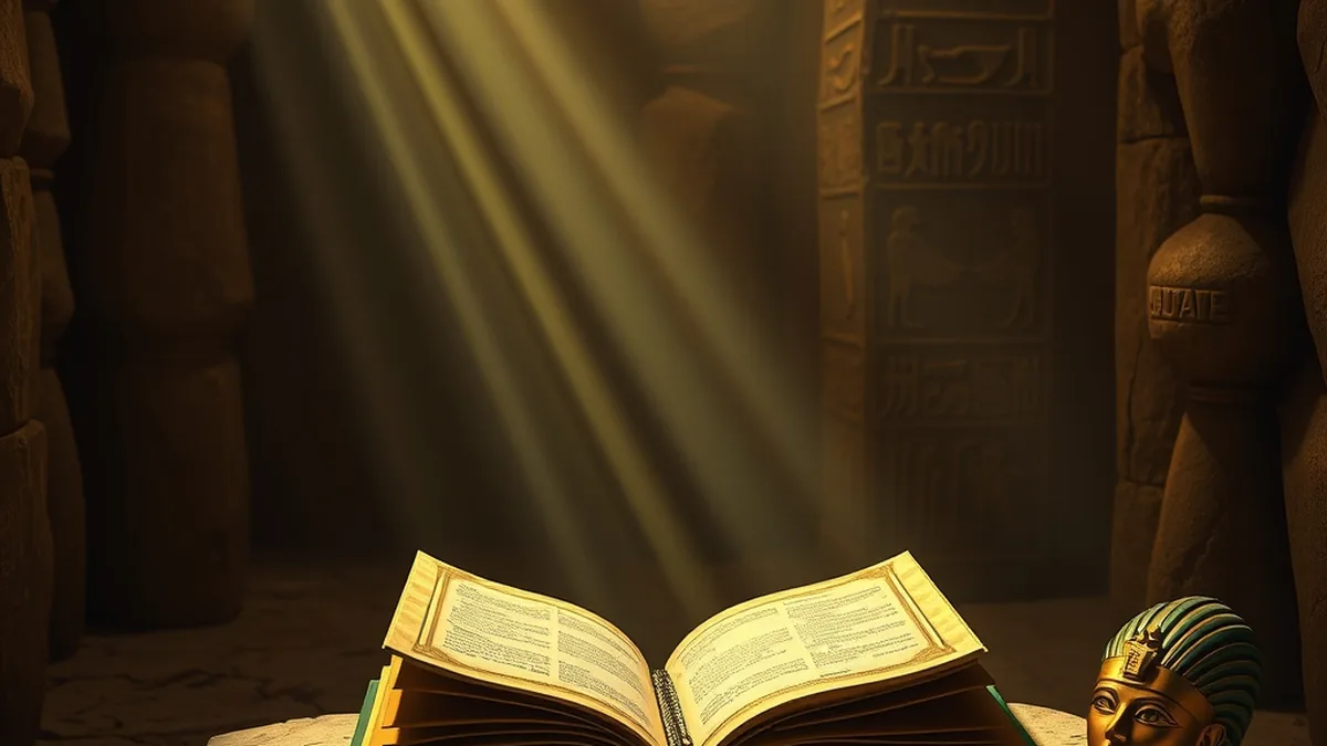 Golden book on an altar inside an Egyptian tomb for Book of Dead