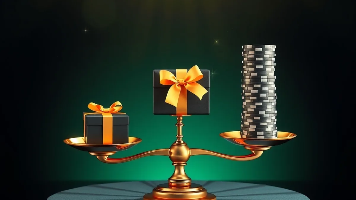Balance scale weighing a gift box against chips, explaining FatBet casino bonus wagering