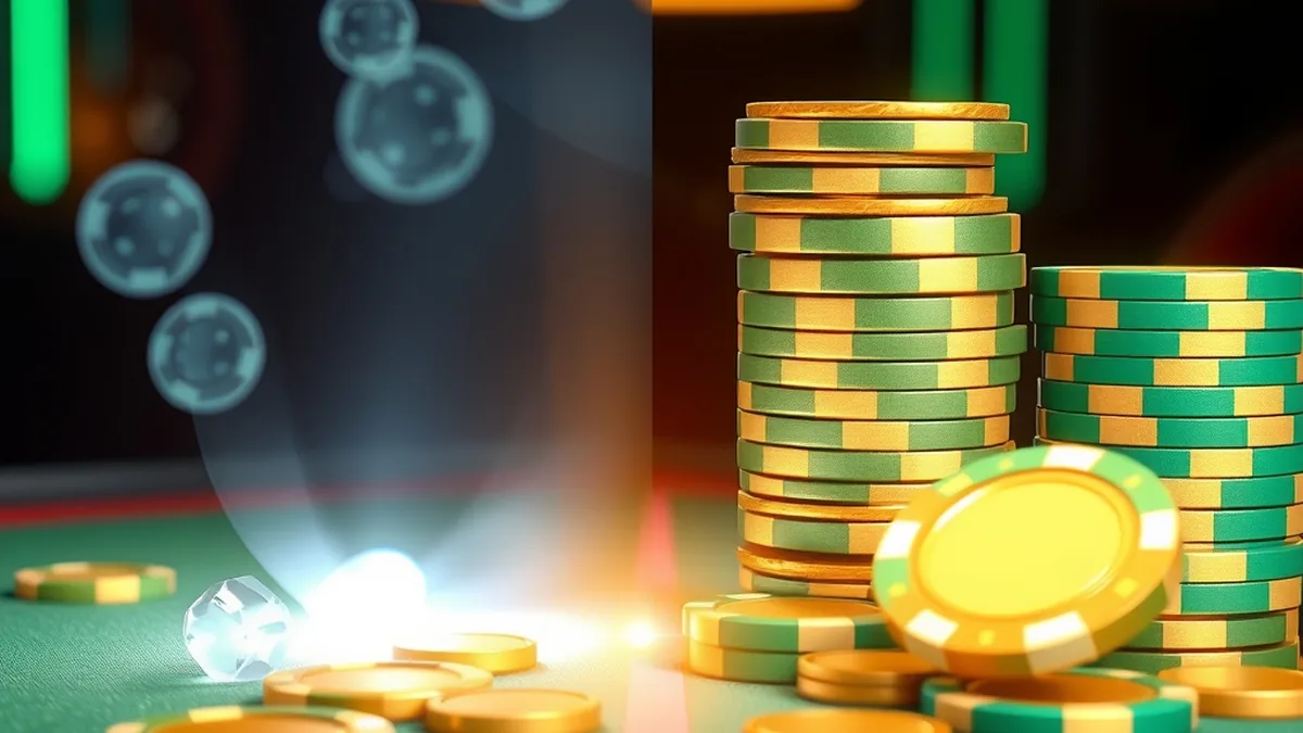 Holographic free play chips beside solid real-money casino chips on a table