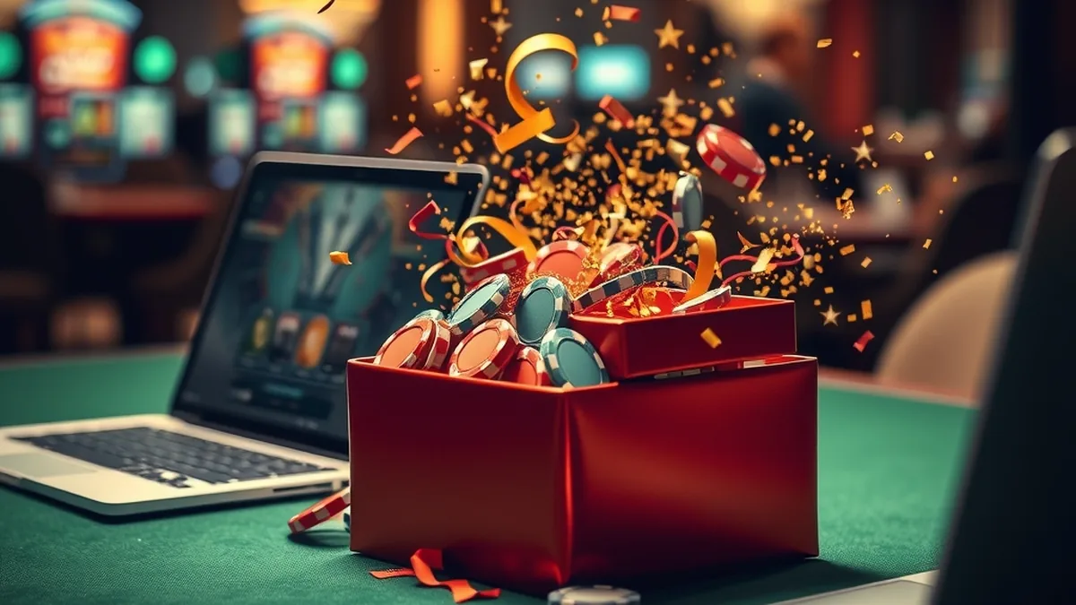 Gift box releasing free casino chips and confetti beside a laptop