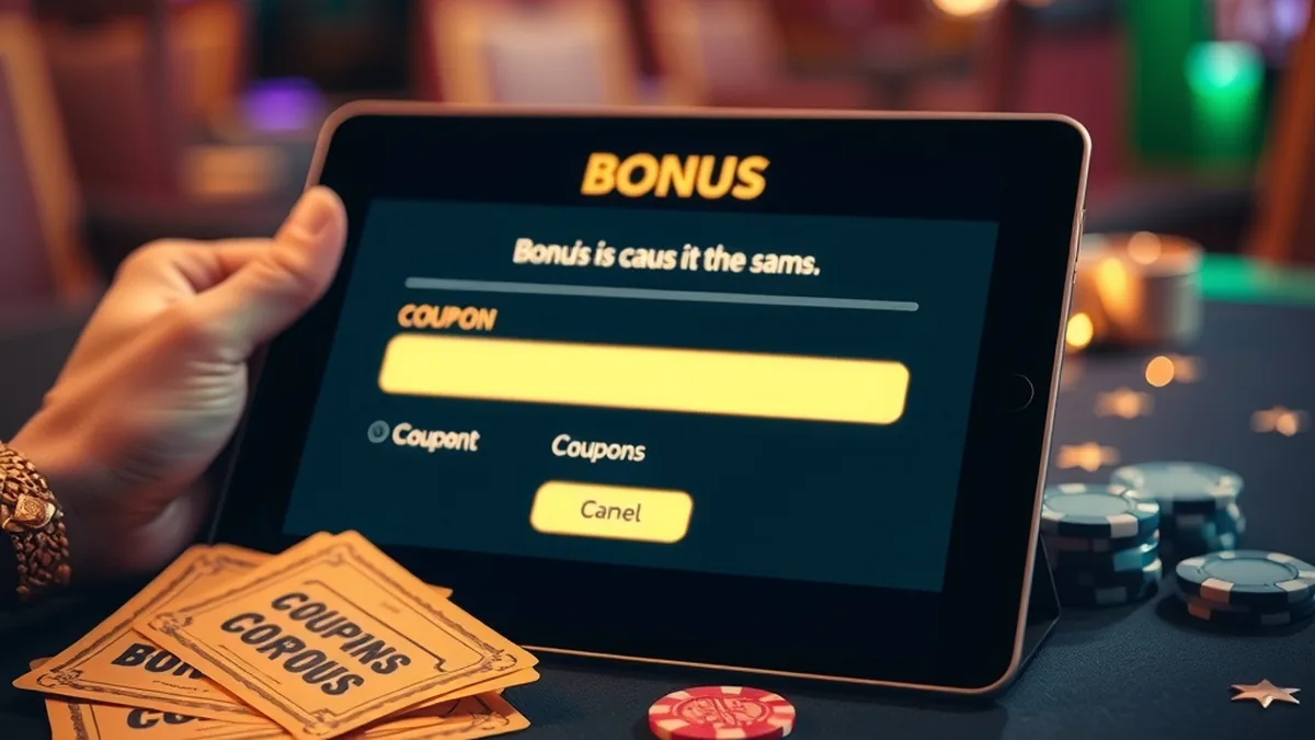 Tablet with bonus code field, golden coupons and casino chips
