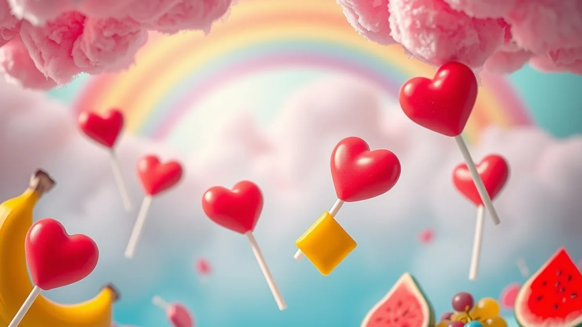 Candy landscape with sweets and tumbling fruit for Sweet Bonanza slot